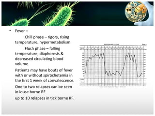 •

Fever –
Chill phase – rigors, rising
temperature, hypermetabolism
Flush phase – falling
temperature, diaphoresis &
decreased circulating blood
volume.
Patients may have bouts of fever
with or without spirochetemia in
the first 1 week of convalescence.
One to two relapses can be seen
in louse borne RF
up to 10 relapses in tick borne RF.

 