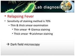 Lab diagnosis

• Relapsing Fever
• Sensitivity of staining method is 70%
– Thin & thick smear examination
• Thin smear  Giemsa staining
• Thick smear Leishman staining

 Dark field microscopy

 