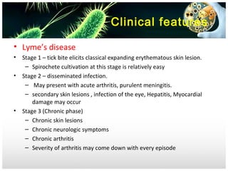 Clinical features
• Lyme’s disease
•
•

•

Stage 1 – tick bite elicits classical expanding erythematous skin lesion.
– Spirochete cultivation at this stage is relatively easy
Stage 2 – disseminated infection.
– May present with acute arthritis, purulent meningitis.
– secondary skin lesions , infection of the eye, Hepatitis, Myocardial
damage may occur
Stage 3 (Chronic phase)
– Chronic skin lesions
– Chronic neurologic symptoms
– Chronic arthritis
– Severity of arthritis may come down with every episode

 