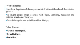 Weil’s disease:
involves hepatorenal damage associated with mild and undifferentiated
pyrexia.
in severe cases: onset is acute, with rigor, vomiting, headache and
intense injection of the eyes.
fever is irregular and subsides within 10days.
Other diseases:
Aseptic meningitis.
Renal failure.
Jaundice.
 