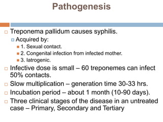Pathogenesis
 Treponema pallidum causes syphilis.
 Acquired by:
 1. Sexual contact.
 2. Congenital infection from infected mother.
 3. Iatrogenic.
 Infective dose is small – 60 treponemes can infect
50% contacts.
 Slow multiplication – generation time 30-33 hrs.
 Incubation period – about 1 month (10-90 days).
 Three clinical stages of the disease in an untreated
case – Primary, Secondary and Tertiary
 