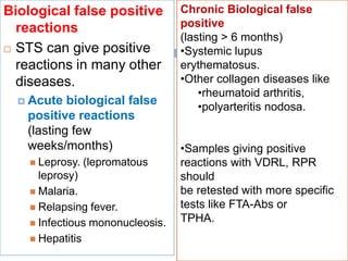 Biological false positive
reactions
 STS can give positive
reactions in many other
diseases.
 Acute biological false
positive reactions
(lasting few
weeks/months)
 Leprosy. (lepromatous
leprosy)
 Malaria.
 Relapsing fever.
 Infectious mononucleosis.
 Hepatitis
Chronic Biological false
positive
(lasting > 6 months)
•Systemic lupus
erythematosus.
•Other collagen diseases like
•rheumatoid arthritis,
•polyarteritis nodosa.
•Samples giving positive
reactions with VDRL, RPR
should
be retested with more specific
tests like FTA-Abs or
TPHA.
 