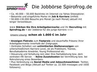 Die Jobbörse Spirofrog.de
●
  Ca. 40.000 – 50.000 Backlinks im Internet via Yahoo Siteexplorer.
●
  Bekannte und eingeführte Marke im Job & Karriere Umfeld.
●
  50.000-130.000 Besuche pro Monat (je nach Monat) aktuell mit
langer Verweildauer.

>>> Stärken Sie Ihre Arbeitgebermarke und Ihr Recruiting mit
Spirofrog.de – der Jobbörse für die junge Karriere <<<

Unsere Lösung:   schon ab 1.000 € im Jahr

●
  Anzeigen Flatrate zum Festpreis und dauerhafte Präsenz Ihrer
Arbeitgebermarke innerhalb der Zielgruppe.
●
  Zentrales Schalten von unlimitierten Stellenanzeigen von
unterschiedlichem Karriere Level, ob als Praktikant, Trainee,
Berufsakademie Anwärter, Young Professional etc.
●
  Steuerung und Schaltung rein über Ihre Fachabteilung bzw. dem
zentralen HR Server. - Keine Zusatzkosten bei Vermittlung bzw. bei
Rekrutierung eines Bewerbers.
●
  Plus Verbreitung via Social Media und Jobsuchmaschinen: Twitter,
Facebook und Blogs (Aktuell auf Twitter ca. 22.500 messages und 1650
followers).
 