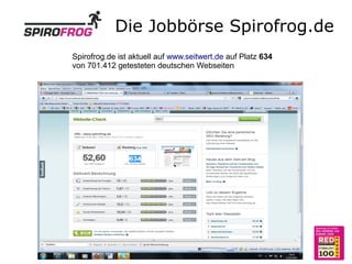 Die Jobbörse Spirofrog.de
Spirofrog.de ist aktuell auf www.seitwert.de auf Platz 634
von 701.412 getesteten deutschen Webseiten
 