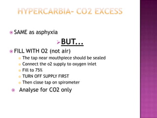  SAME     as asphyxia
                        BUT...
 FILL   WITH O2 (not air)
       The tap near mouthpiece should be sealed
       Connect the o2 supply to oxygen inlet
       Fill to 75%
       TURN OFF SUPPLY FIRST
       Then close tap on spirometer
   Analyse for CO2 only
 