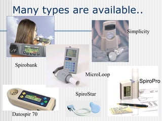 Spirobank
Simplicity
SpiroPro
SpiroStar
Datospir 70
Many types are available..
MicroLoop
 