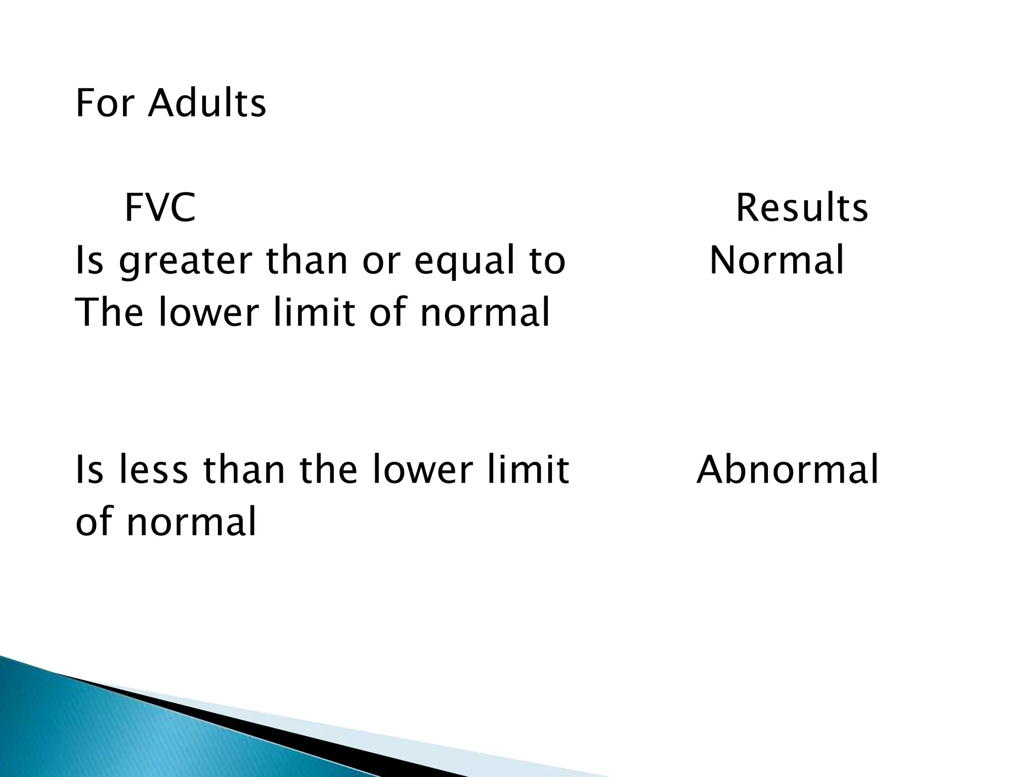 For Adults
FVC Results
Is greater than or equal to Normal
The lower limit of normal
Is less than the lower limit Abnormal
of normal
 