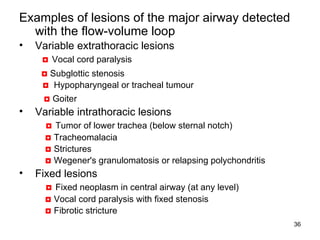 Examples of lesions of the major airway detected with the flow-volume loop Variable extrathoracic lesions    ◘   Vocal cord paralysis     ◘   Subglottic stenosis    ◘   Hypopharyngeal or tracheal tumour      ◘   Goiter Variable intrathoracic lesions     ◘   Tumor of lower trachea (below sternal notch)      ◘  Tracheomalacia      ◘  Strictures      ◘  Wegener's granulomatosis or relapsing polychondritis Fixed lesions     ◘   Fixed neoplasm in central airway (at any level)      ◘  Vocal cord paralysis with fixed stenosis      ◘  Fibrotic stricture 