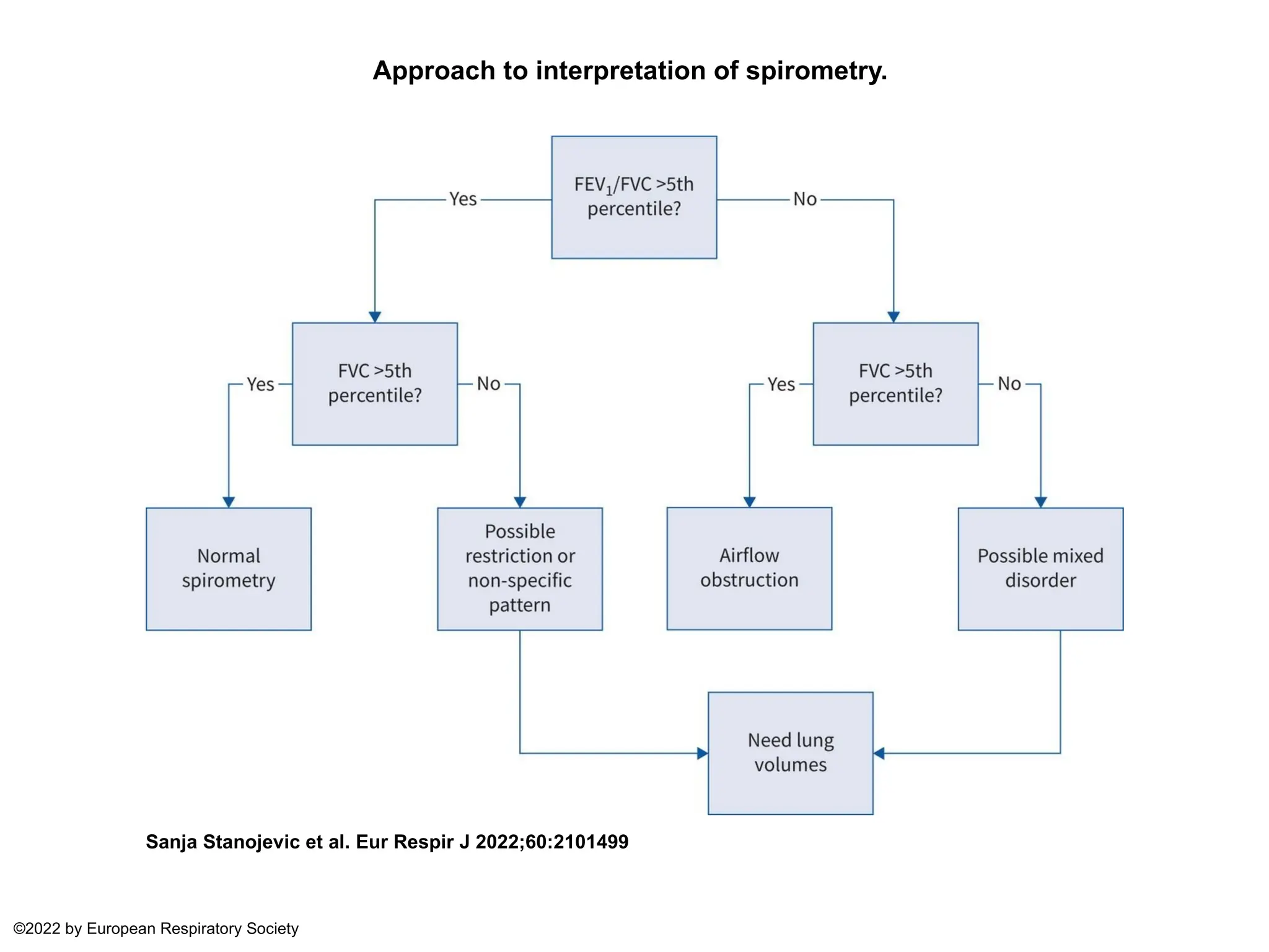Approach to interpretation of spirometry.
Sanja Stanojevic et al. Eur Respir J 2022;60:2101499
©2022 by European Respiratory Society
 