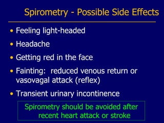 Spirometry - Possible Side Effects Feeling light-headed Headache Getting red in the face Fainting:  reduced venous return or vasovagal attack  (reflex) Tran s ient u rinary incontinence Spirometry should be avoided after recent heart attack or stroke 