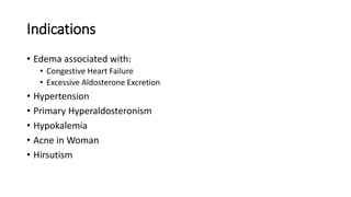 Indications
• Edema associated with:
• Congestive Heart Failure
• Excessive Aldosterone Excretion
• Hypertension
• Primary Hyperaldosteronism
• Hypokalemia
• Acne in Woman
• Hirsutism
 
