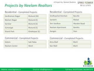 Website: www.bigmove.in Email Id: info@bigmove.in Call Now: 9619755368 / 9619667575
A Project by: Neelam Realtors
M U L U N D
Residential - Completed Projects Residential - Completed Projects
Vardhaman Nagar Mulund (W)
Neelam Nagar Mulund (E)
Sanskar Mulund (E)
Sumangal Mulund (E)
Shanti Park Ghatkopar (E)
Sindhyachal Darshan Byculla
Sanskrit Malad
Shri Vardhan Warden Road
Neelam Apartment Bandra
Aangan Sion
Commercial - Completed Projects Commercial - Completed Projects
Solaris Saki Naka
Neelam Center Worli
Atria Mall Worli
Star Mall Worli
Projects by Neelam Realtors
 