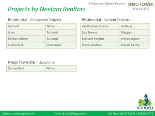 Website: www.bigmove.in Email Id: info@bigmove.in Call Now: 9619755368 / 9619667575
A Project by: Neelam Realtors
M U L U N D
Senroof Nahur
Spiro Mulund
Kellkar college Mulund
Sudha Park Ghatkopar
Residential - Current Projects
Vardhaman Estates Lal Baug
Spa Towers Mazgoan
Mahavir heights Kemps corner
Shree Vardhan Breach Candy
Mega Township - Upcoming
Spring Field Nahur
Projects by Neelam Realtors
Residential - Completed Projects
 