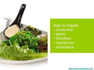Alge su bogate:
• proteinima
• jodom
• hlorofilom
• vitaminima i
• mineralima.




        http://www.zivisastilom.com
 