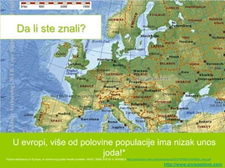Da li ste znali?




     U evropi, više od polovine populacije ima nizak unos
                             joda!*
*Iodine deficiency in Europe, A continuing public health problem, WHO, ISBN 978 92 4 159396 0 http://whqlibdoc.who.int/publications/2007/9789241593960_eng.pdf
                                                                                                                         http://www.zivisastilom.com
 