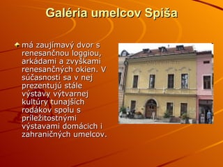 Galéria umelcov Spiša má zaujímavý dvor s renesančnou loggiou, arkádami a zvyškami renesančných okien. V súčasnosti sa v nej prezentujú stále výstavy výtvarnej kultúry tunajších rodákov spolu s príležitostnými výstavami domácich i zahraničných umelcov.  