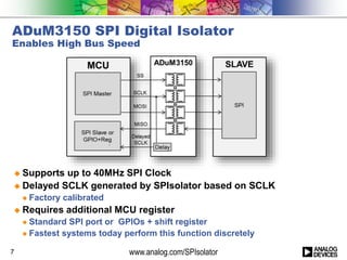 ADuM3150 SPI Digital Isolator
Enables High Bus Speed
www.analog.com/SPIsolator
 Supports up to 40MHz SPI Clock
 Delayed SCLK generated by SPIsolator based on SCLK
 Factory calibrated
 Requires additional MCU register
 Standard SPI port or GPIOs + shift register
 Fastest systems today perform this function discretely
7
 
