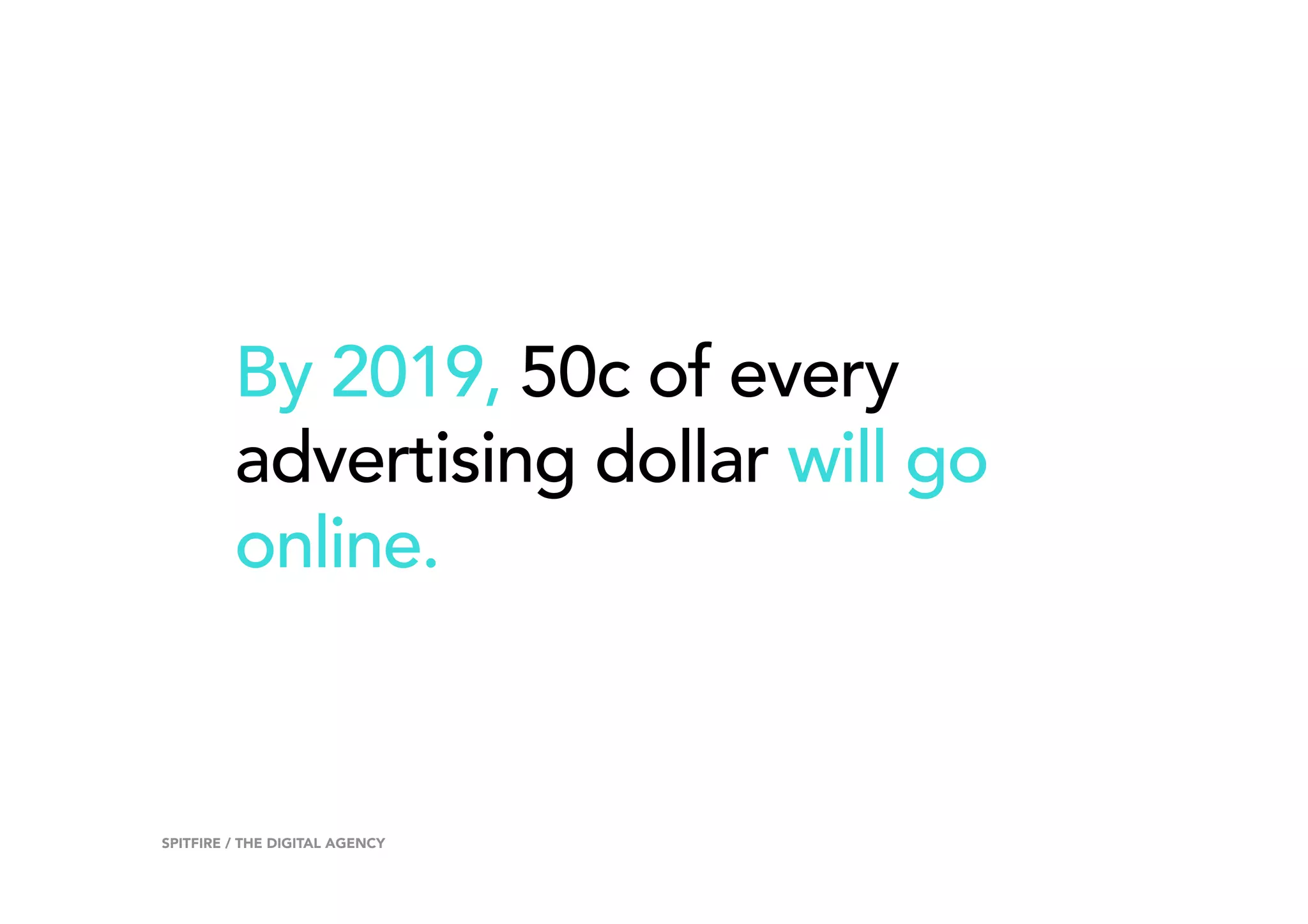 By 2019, 50c of every
advertising dollar will go
online.
12SPITFIRE / THE DIGITAL AGENCY
 