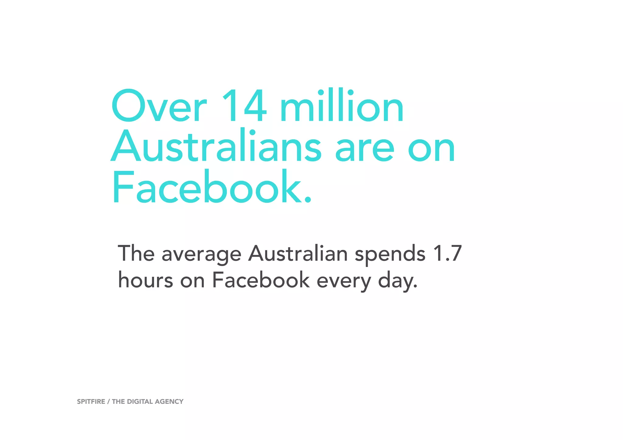 Over 14 million
Australians are on
Facebook.
16SPITFIRE / THE DIGITAL AGENCY
The average Australian spends 1.7
hours on Facebook every day.
 