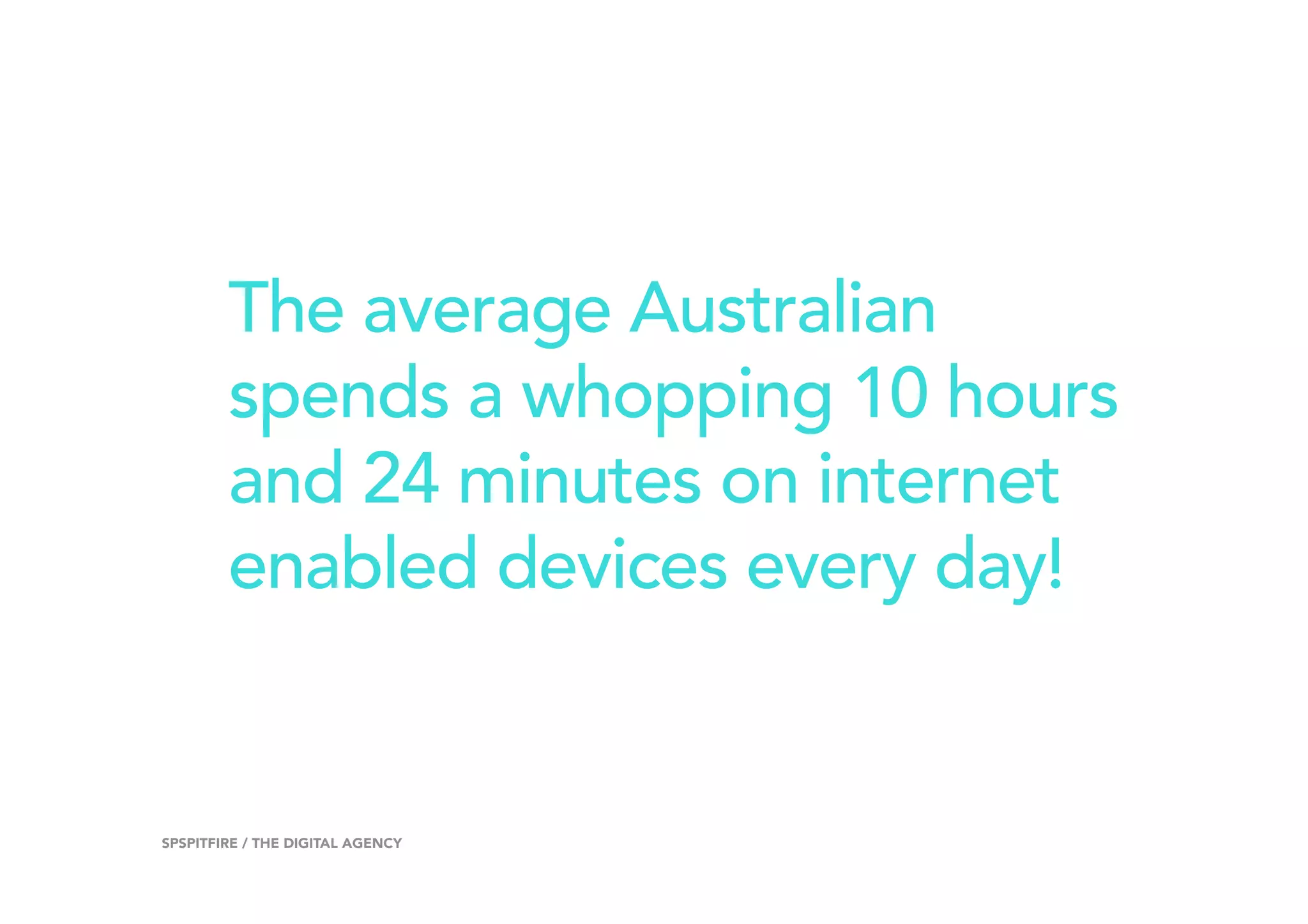 The average Australian
spends a whopping 10 hours
and 24 minutes on internet
enabled devices every day!
3SPSPITFIRE / THE DIGITAL AGENCY
 