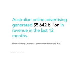Australian online advertising
generated $5.642 billion in
revenue in the last 12
months.
13SPITFIRE / THE DIGITAL AGENCY
Online	adver=sing	is	expected	to	become	an	$11b	industry	by	2019.	
 