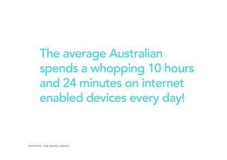 The average Australian
spends a whopping 10 hours
and 24 minutes on internet
enabled devices every day!
3SPSPITFIRE / THE DIGITAL AGENCY
 