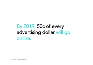 By 2019, 50c of every
advertising dollar will go
online.
12SPITFIRE / THE DIGITAL AGENCY
 