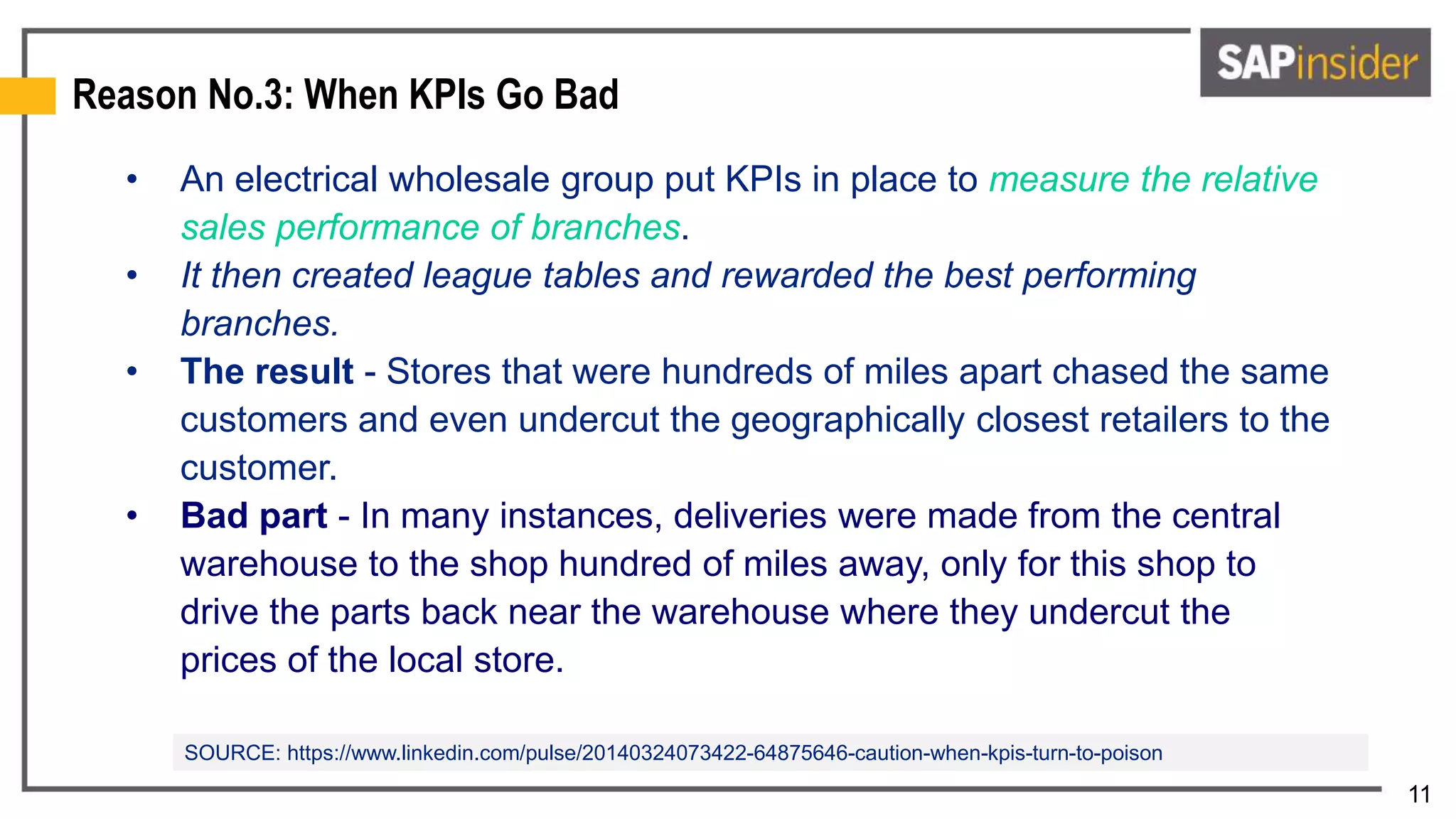 11
Reason No.3: When KPIs Go Bad
• An electrical wholesale group put KPIs in place to measure the relative
sales performance of branches.
• It then created league tables and rewarded the best performing
branches.
• The result - Stores that were hundreds of miles apart chased the same
customers and even undercut the geographically closest retailers to the
customer.
• Bad part - In many instances, deliveries were made from the central
warehouse to the shop hundred of miles away, only for this shop to
drive the parts back near the warehouse where they undercut the
prices of the local store.
SOURCE: https://www.linkedin.com/pulse/20140324073422-64875646-caution-when-kpis-turn-to-poison
 