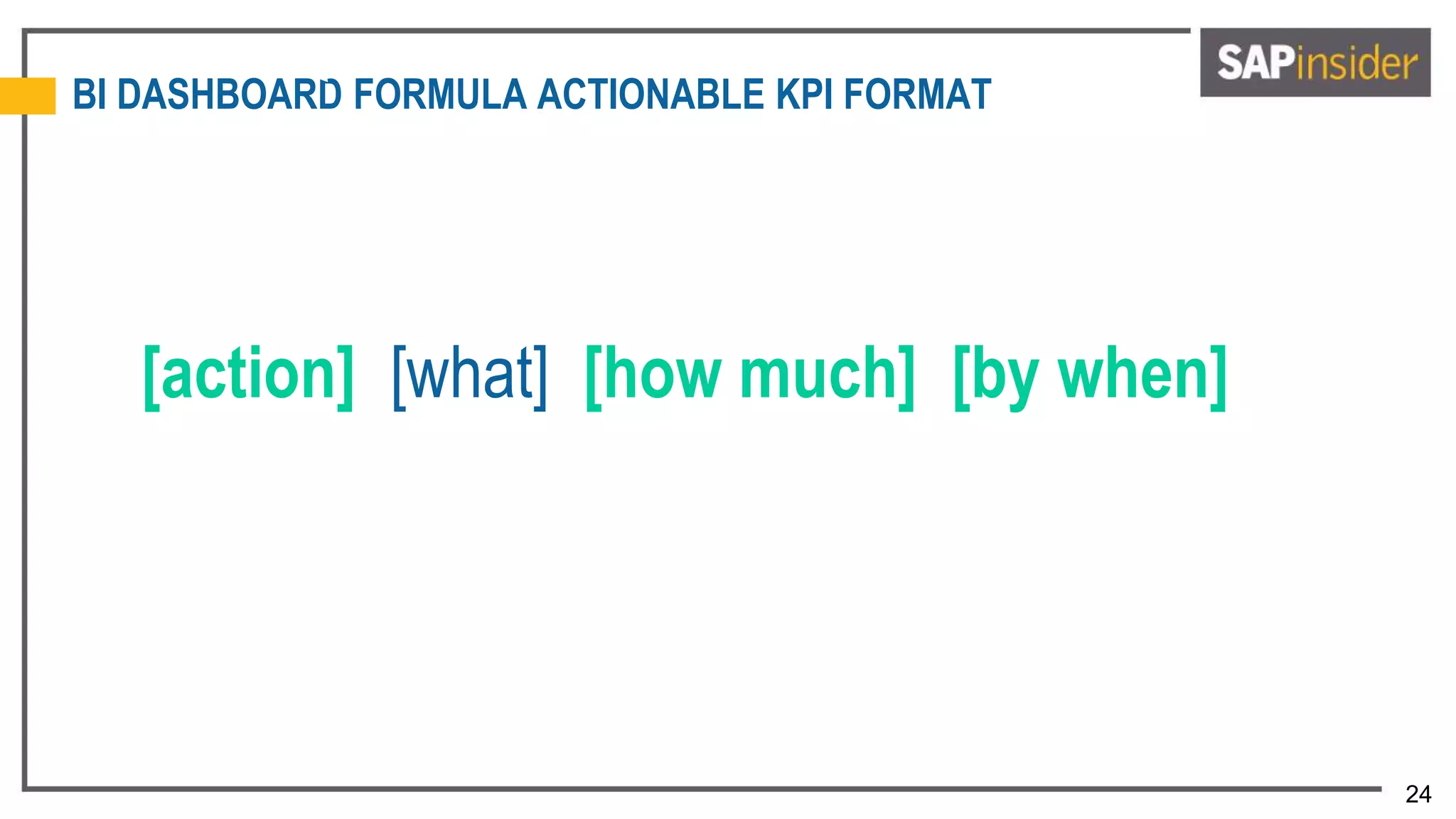 24
BI DASHBOARD FORMULA ACTIONABLE KPI FORMAT
[action] [what] [how much] [by when]
 
