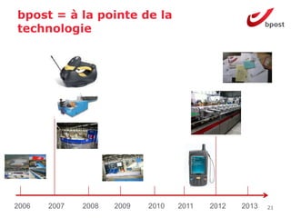 bpost = à la pointe de la
technologie




2006   2007   2008   2009   2010   2011   2012   2013   21
 