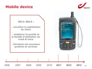 Mobile device



             2011-2013 :

       • accroître la satisfaction
                du client

        • améliorer la qualité et
       la facilité d'utilisation du
              track & trace

       • introduire de nouveaux
          produits et services




2006      2007       2008      2009   2010   2011   2012   2013   24
 