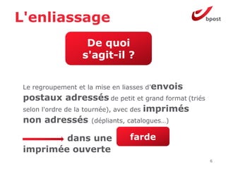 L'enliassage
                   De quoi
                  s'agit-il ?


 Le regroupement et la mise en liasses d’envois
 postaux adressés de petit et grand format (triés
 selon l'ordre de la tournée), avec des imprimés
 non adressés (dépliants, catalogues…)

         dans une              farde
 imprimée ouverte
                                                    6
 