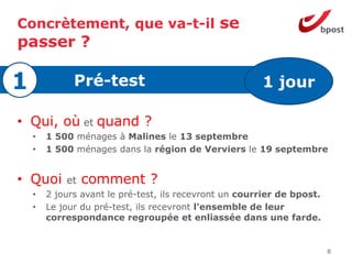 Concrètement, que va-t-il se
passer ?

1             Pré-test                                  1 jour

• Qui, où et quand ?
    •   1 500 ménages à Malines le 13 septembre
    •   1 500 ménages dans la région de Verviers le 19 septembre


• Quoi      et   comment ?
    •   2 jours avant le pré-test, ils recevront un courrier de bpost.
    •   Le jour du pré-test, ils recevront l'ensemble de leur
        correspondance regroupée et enliassée dans une farde.


                                                                         8
 