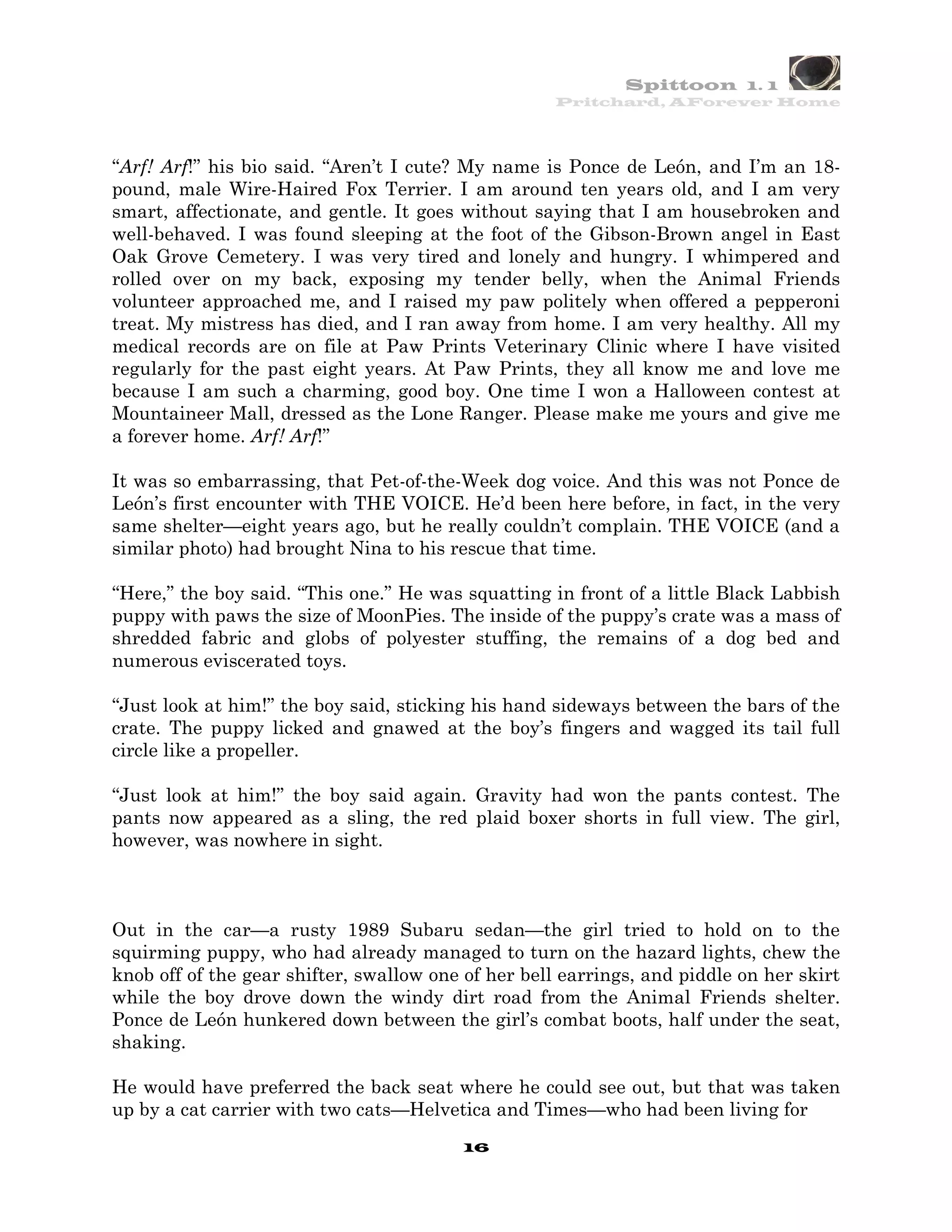 Spittoon 1. 1
                                                    Pritchard, AForever Home




“Arf! Arf!” his bio said. “Aren’t I cute? My name is Ponce de León, and I’m an 18-
pound, male Wire-Haired Fox Terrier. I am around ten years old, and I am very
smart, affectionate, and gentle. It goes without saying that I am housebroken and
well-behaved. I was found sleeping at the foot of the Gibson-Brown angel in East
Oak Grove Cemetery. I was very tired and lonely and hungry. I whimpered and
rolled over on my back, exposing my tender belly, when the Animal Friends
volunteer approached me, and I raised my paw politely when offered a pepperoni
treat. My mistress has died, and I ran away from home. I am very healthy. All my
medical records are on file at Paw Prints Veterinary Clinic where I have visited
regularly for the past eight years. At Paw Prints, they all know me and love me
because I am such a charming, good boy. One time I won a Halloween contest at
Mountaineer Mall, dressed as the Lone Ranger. Please make me yours and give me
a forever home. Arf! Arf!”

It was so embarrassing, that Pet-of-the-Week dog voice. And this was not Ponce de
León’s first encounter with THE VOICE. He’d been here before, in fact, in the very
same shelter—eight years ago, but he really couldn’t complain. THE VOICE (and a
similar photo) had brought Nina to his rescue that time.

“Here,” the boy said. “This one.” He was squatting in front of a little Black Labbish
puppy with paws the size of MoonPies. The inside of the puppy’s crate was a mass of
shredded fabric and globs of polyester stuffing, the remains of a dog bed and
numerous eviscerated toys.

“Just look at him!” the boy said, sticking his hand sideways between the bars of the
crate. The puppy licked and gnawed at the boy’s fingers and wagged its tail full
circle like a propeller.

“Just look at him!” the boy said again. Gravity had won the pants contest. The
pants now appeared as a sling, the red plaid boxer shorts in full view. The girl,
however, was nowhere in sight.



Out in the car—a rusty 1989 Subaru sedan—the girl tried to hold on to the
squirming puppy, who had already managed to turn on the hazard lights, chew the
knob off of the gear shifter, swallow one of her bell earrings, and piddle on her skirt
while the boy drove down the windy dirt road from the Animal Friends shelter.
Ponce de León hunkered down between the girl’s combat boots, half under the seat,
shaking.

He would have preferred the back seat where he could see out, but that was taken
up by a cat carrier with two cats—Helvetica and Times—who had been living for
                                         16
 