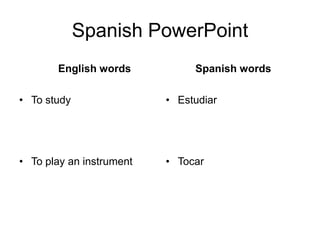 Spanish PowerPointEnglish words To studyTo play an instrument Spanish wordsEstudiarTocar