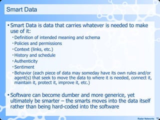 Smart Data Smart Data is data that carries whatever is needed to make use of it: Definition of intended meaning and schema Policies and permissions Context (links, etc.) History and schedule Authenticity Sentiment Behavior (each piece of data may someday have its own rules and/or agent(s) that seek to move the data to where it is needed, connect it, maintain it, protect it, improve it, etc.) Software can become dumber and more generice, yet ultimately be smarter – the smarts moves into the data itself rather than being hard-coded into the software 