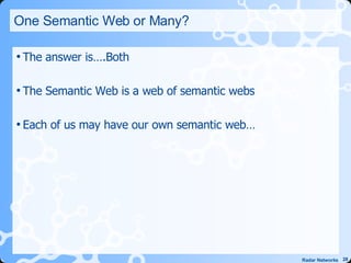 One Semantic Web or Many? The answer is….Both The Semantic Web is a web of semantic webs Each of us may have our own semantic web… 