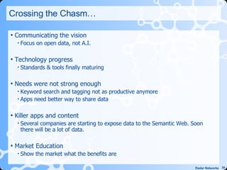 Crossing the Chasm… Communicating the vision Focus on open data, not A.I. Technology progress Standards & tools finally maturing Needs were not strong enough Keyword search and tagging not as productive anymore Apps need better way to share data Killer apps and content Several companies are starting to expose data to the Semantic Web. Soon there will be a lot of data. Market Education Show the market what the benefits are 