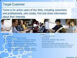 Target Customer Twine is for active users of the Web, including consumers and professionals, who create, find and share information about their interests Interests : Professional associations Alumni groups Social networks (Facebook, Plaxo, LinkedIn) Volunteer organizations Groups based on interests (hobbies, health, sports, entertainment, culture, family, technology, user groups, etc.) Participating/working in teams at organizations of all sizes Demographics: 18 – 45 years old Have many personal interests and hobbies Social connections are important – family, friends, colleagues Americans with a household income of $100,000 or more Nearly 26 million such consumers used the Internet in August 2003, spending an average of 27.6 hours online -- more than any other income segment.  Consume an average of nearly 3,000 pages a month, almost 300 pages more than the average Internet user 