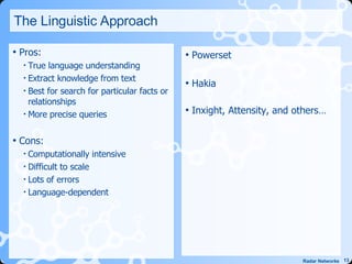 The Linguistic Approach <ul><li>Pros: </li></ul><ul><ul><li>True language understanding </li></ul></ul><ul><ul><li>Extract...