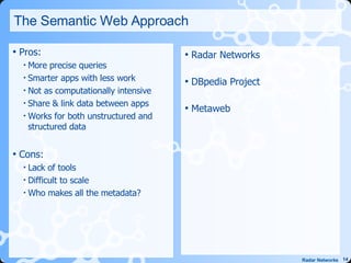 The Semantic Web Approach <ul><li>Pros: </li></ul><ul><ul><li>More precise queries </li></ul></ul><ul><ul><li>Smarter apps...