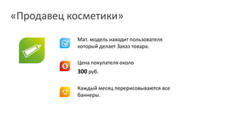 «Продавец косметики»
           Мат. модель находит пользователя
           который делает Заказ товара.

           Цена покупателя около
           300 руб.

           Каждый месяц перерисовываются все
           баннеры.
 