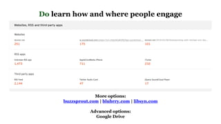 More options:
buzzsprout.com | blubrry.com | libsyn.com
Advanced options:
Google Drive
Do learn how and where people engage
 