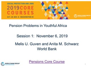 1
Pension Problems in Youthful Africa
Session 1: November 6, 2019
Melis U. Guven and Anita M. Schwarz
World Bank
Pensions Core Course
 