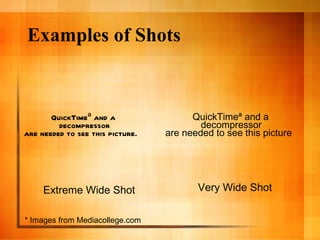 Examples of Shots Extreme Wide Shot Very Wide Shot * Images from Mediacollege.com 