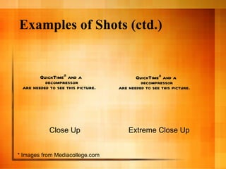 Examples of Shots (ctd.) Close Up Extreme Close Up * Images from Mediacollege.com 