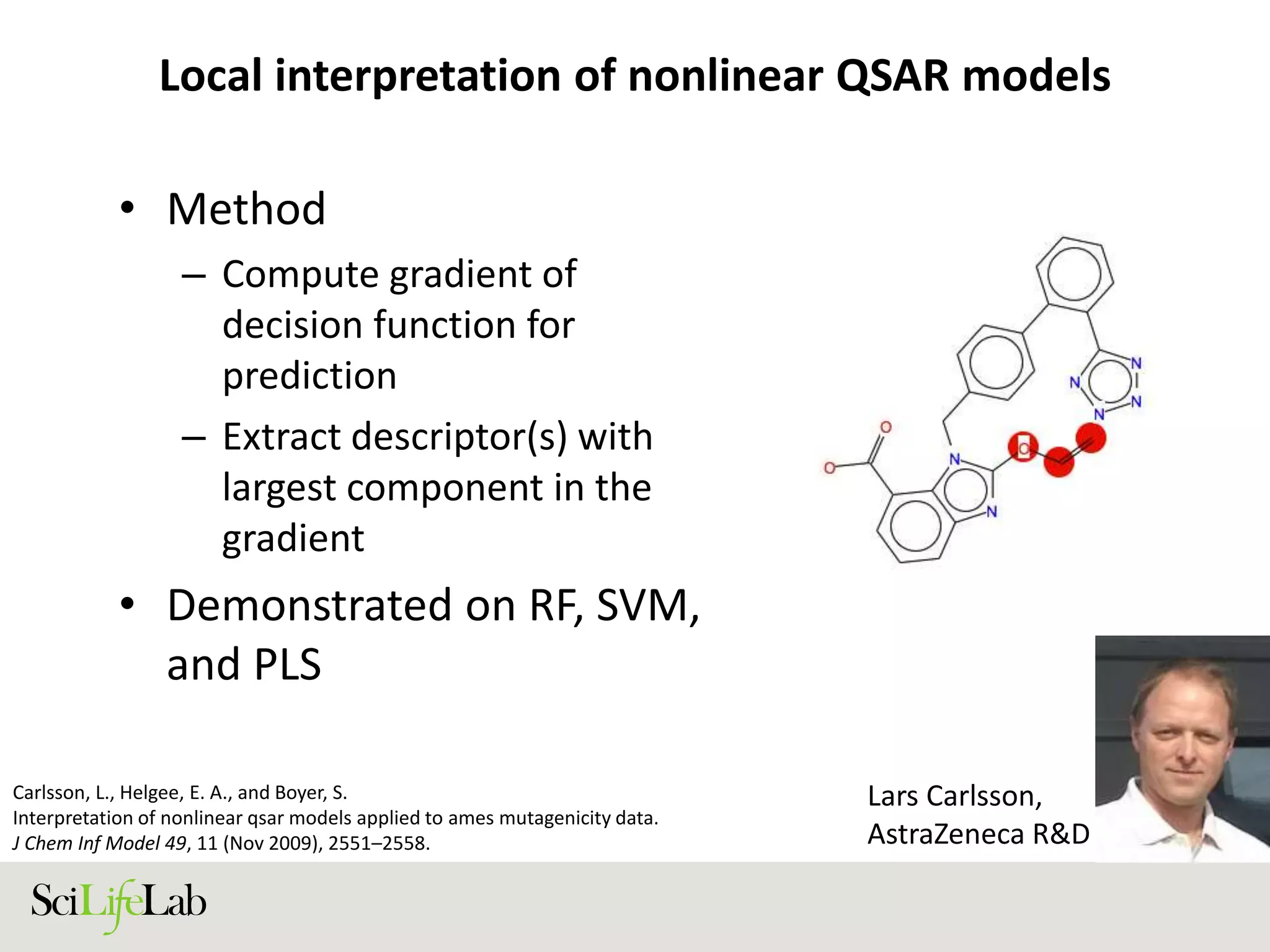 Local interpretation of nonlinear QSAR models
• Method
– Compute gradient of
decision function for
prediction
– Extract descriptor(s) with
largest component in the
gradient
• Demonstrated on RF, SVM,
and PLS
Carlsson, L., Helgee, E. A., and Boyer, S.
Interpretation of nonlinear qsar models applied to ames mutagenicity data.
J Chem Inf Model 49, 11 (Nov 2009), 2551–2558.
Lars Carlsson,
AstraZeneca R&D
 