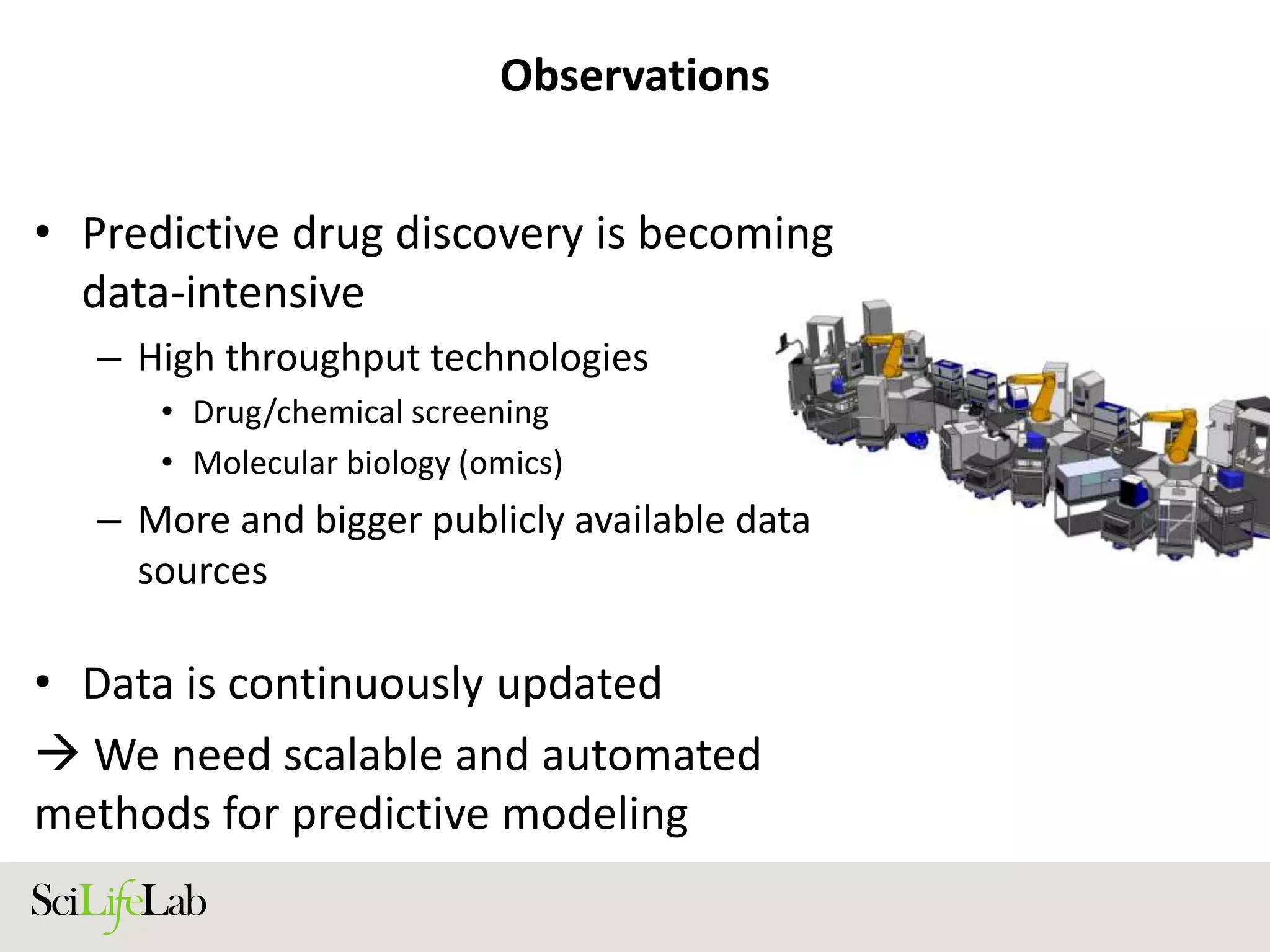 Observations
• Predictive drug discovery is becoming
data-intensive
– High throughput technologies
• Drug/chemical screening
• Molecular biology (omics)
– More and bigger publicly available data
sources
• Data is continuously updated
 We need scalable and automated
methods for predictive modeling
 