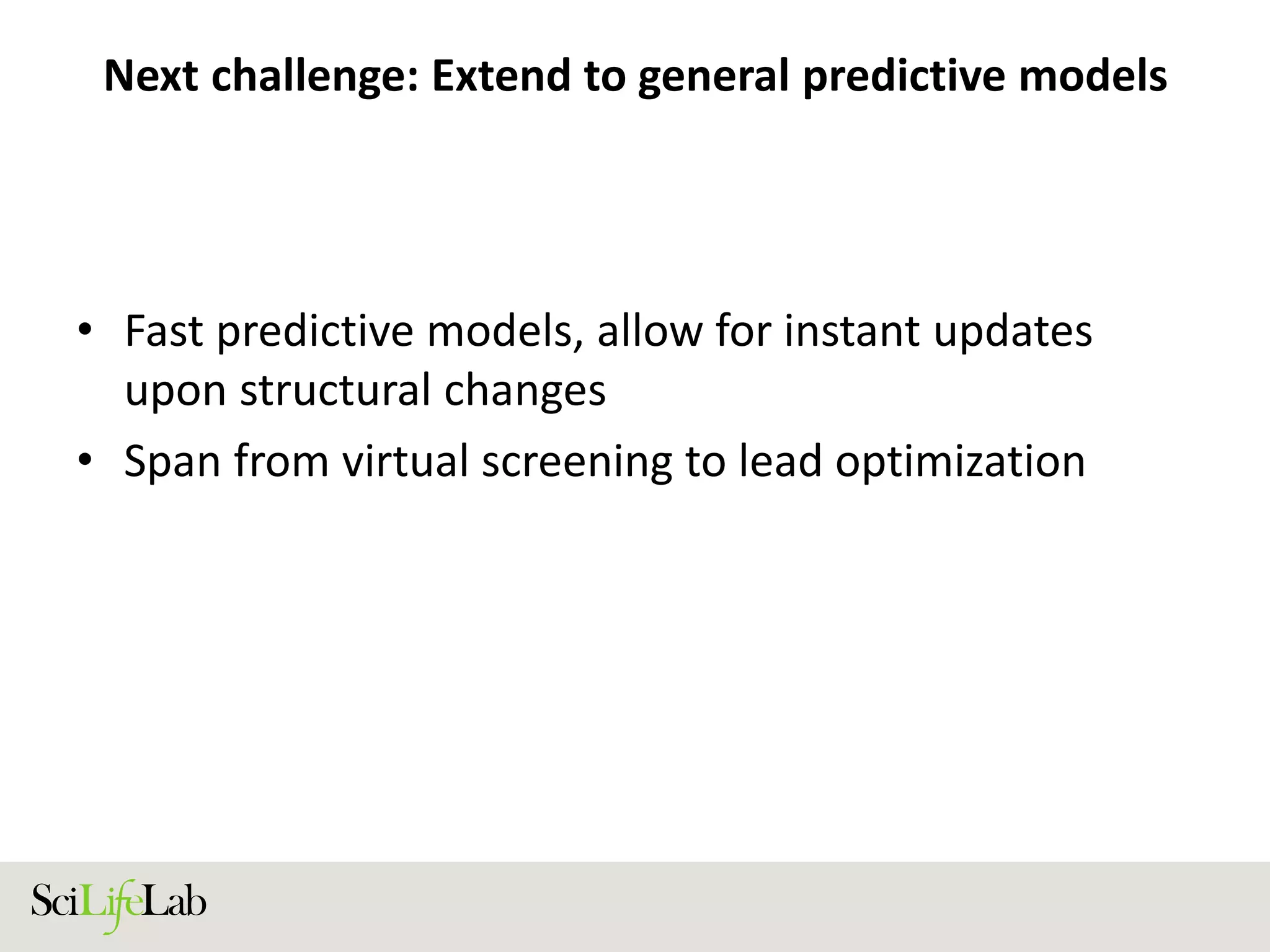 Next challenge: Extend to general predictive models
• Fast predictive models, allow for instant updates
upon structural changes
• Span from virtual screening to lead optimization
 