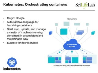 Kubernetes: Orchestrating containers
• Origin: Google
• A declarative language for
launching containers
• Start, stop, upd...